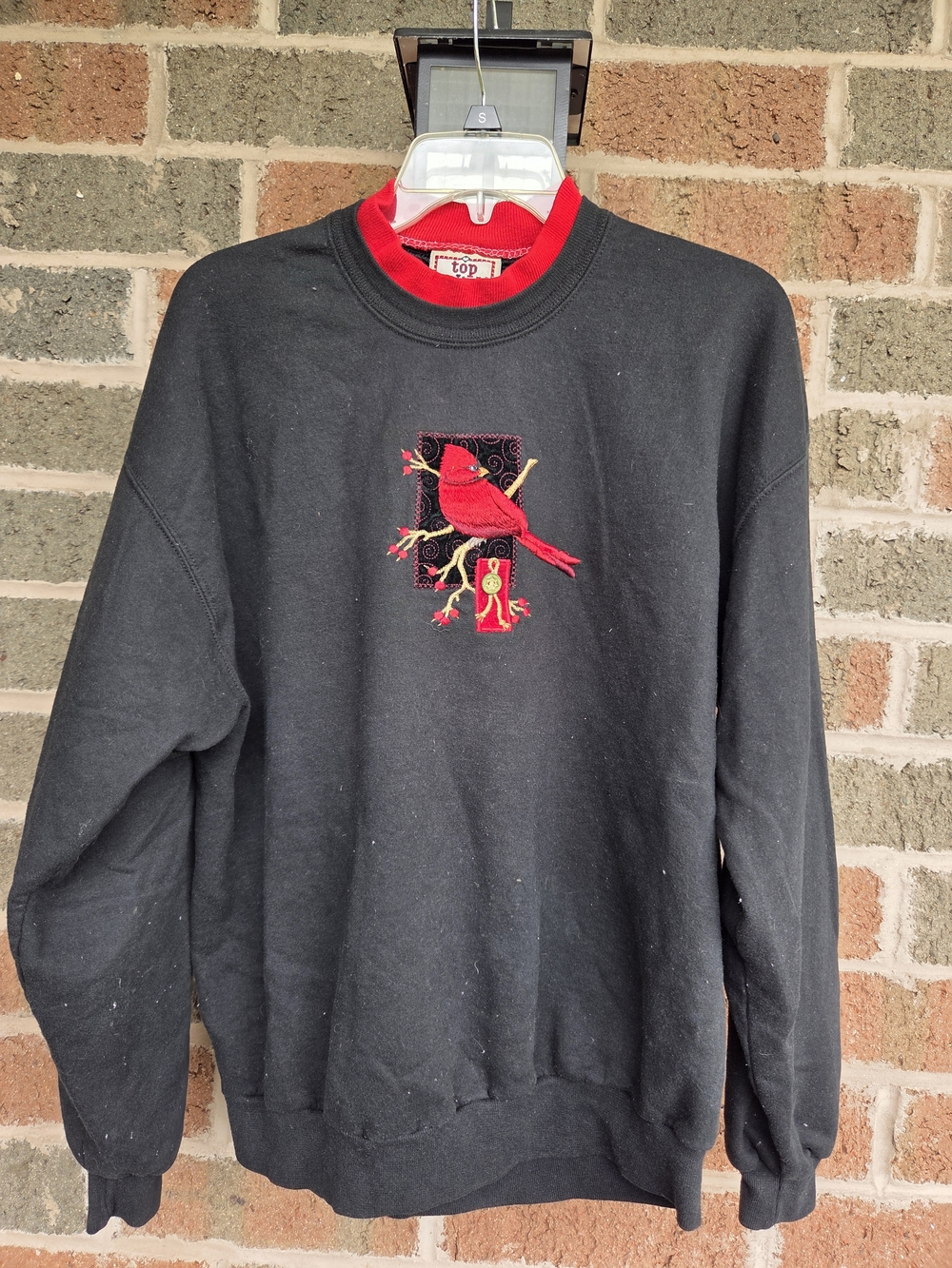 Top Stitch Black Crewneck Sweater with Red Cardinal Patch